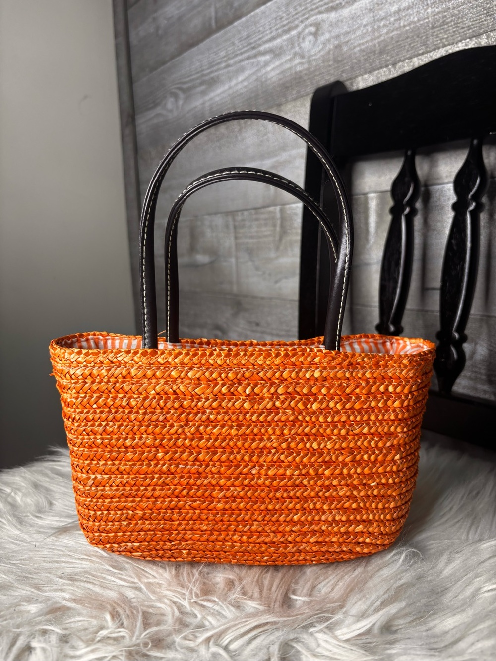 Small Orange Woven wicker summer Tote Bag with Black Handles striped interior